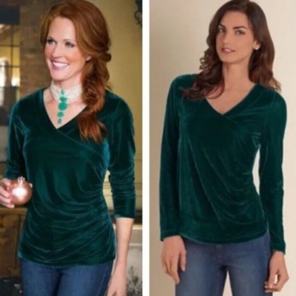 Soft Surroundings Faux Wrap Emerald Green Velvet Top size S